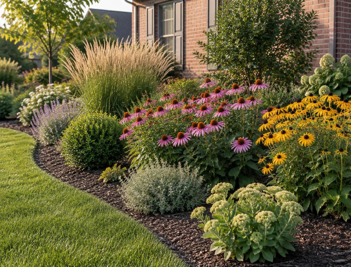 Native garden beds with coneflowers, black-eyed susans, and ornamental grasses