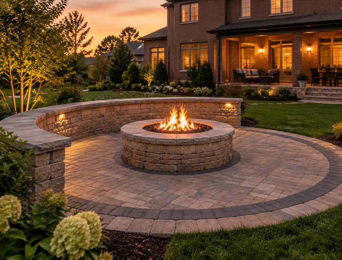 Stone seat wall and fire pit on a paver patio at dusk