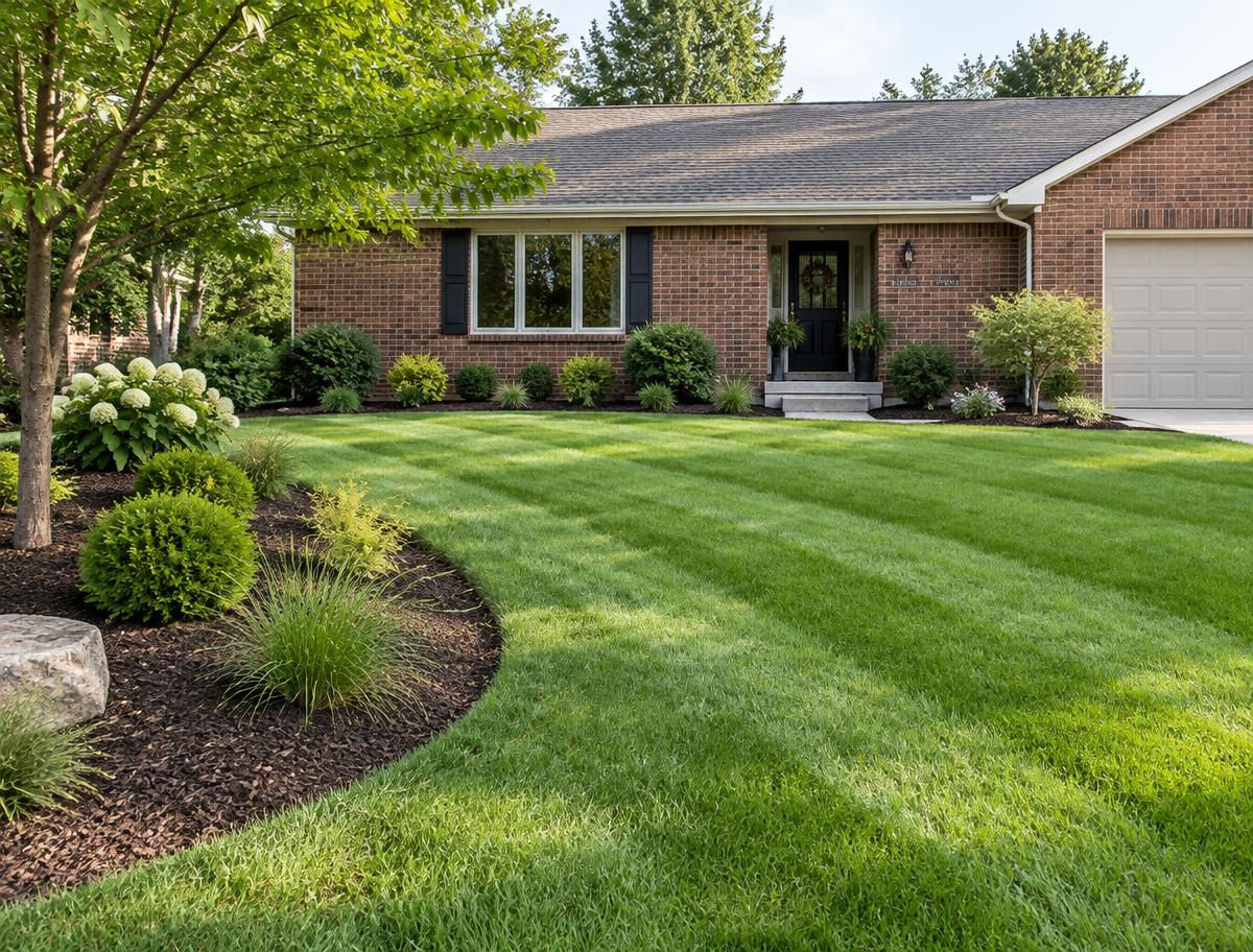 Fresh lawn with crisp mowing stripes and newly mulched planting beds
