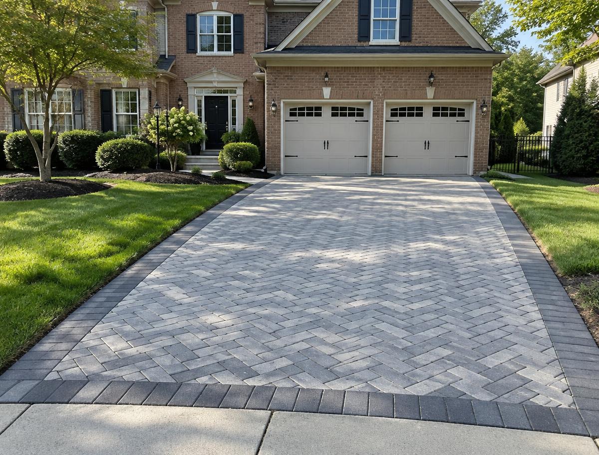 Paver driveway with decorative border at a brick home