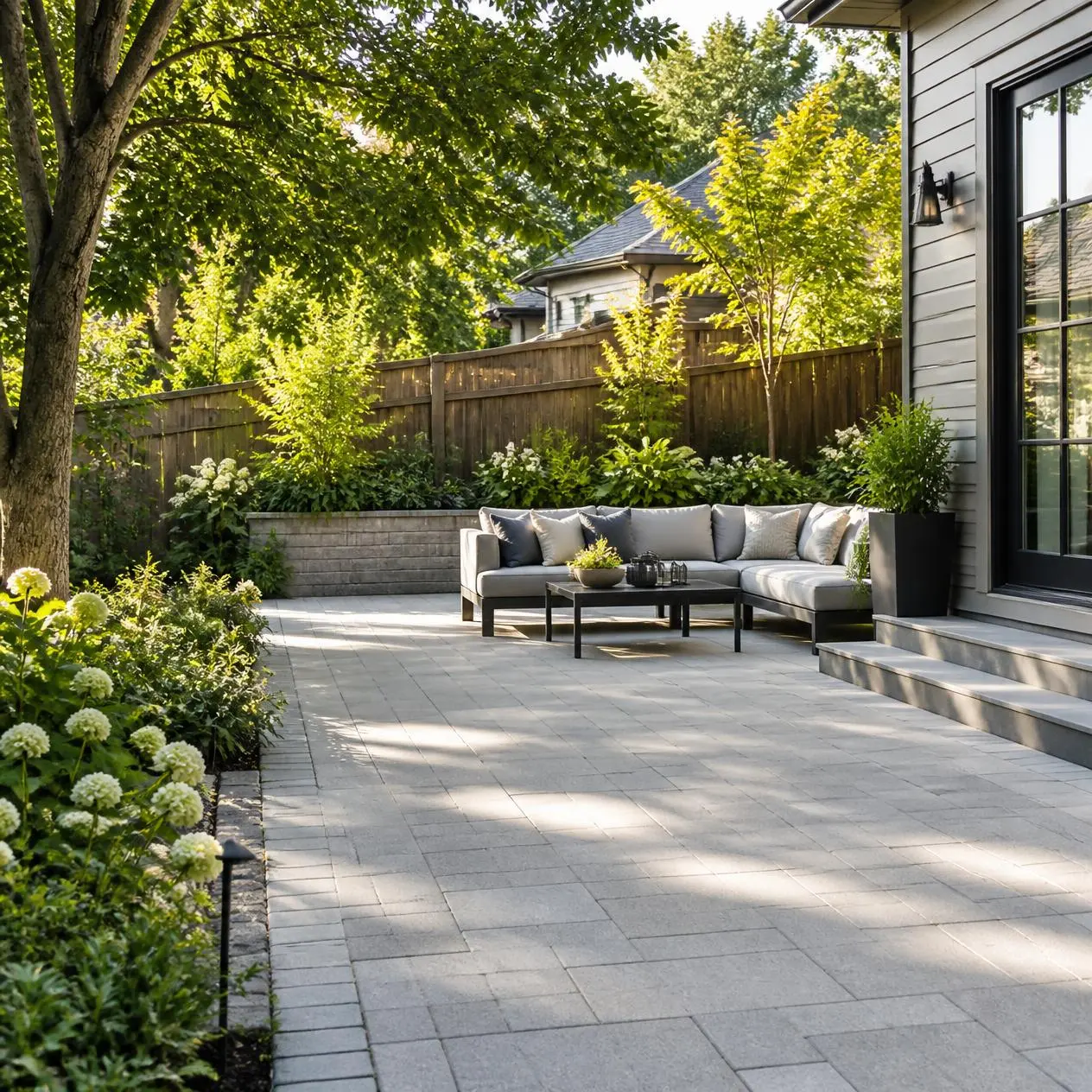 Stone seat wall and fire pit on a paver patio