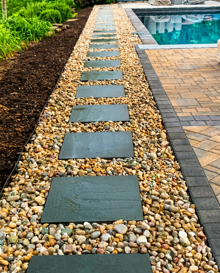 Bluestone stepping stones set in river rock beside a pool deck