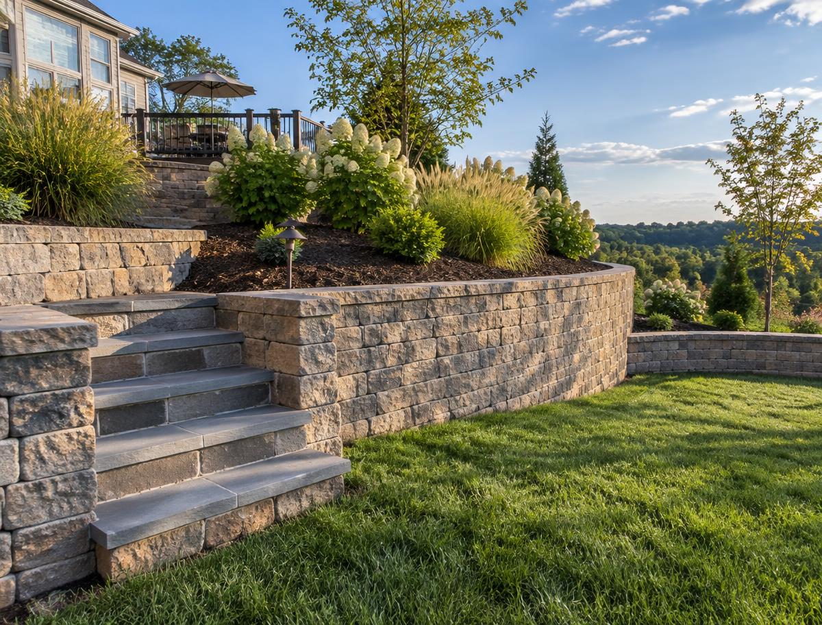 Tiered retaining wall with integrated stone steps