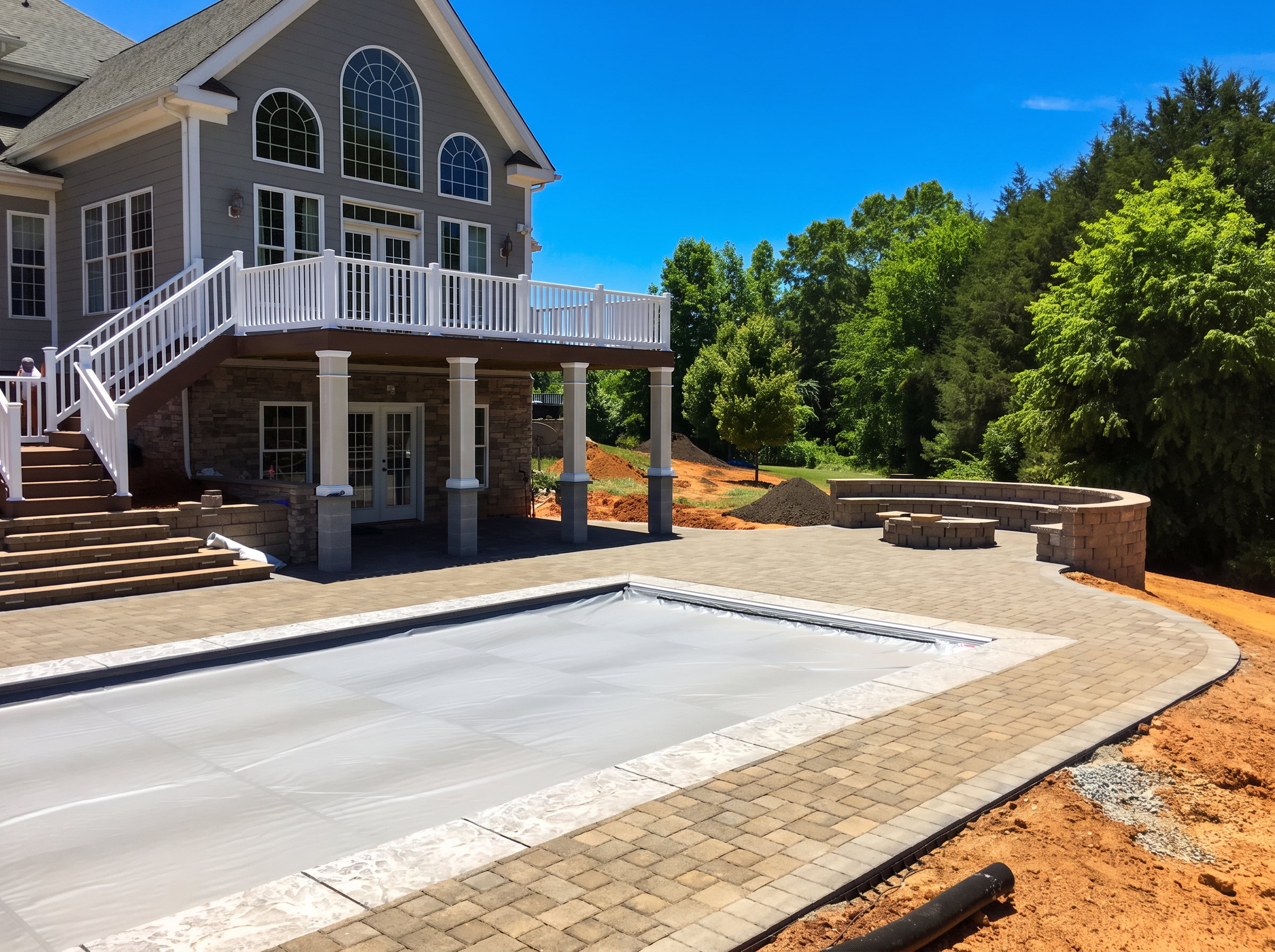 Large paver pool deck with curved seat wall and fire pit