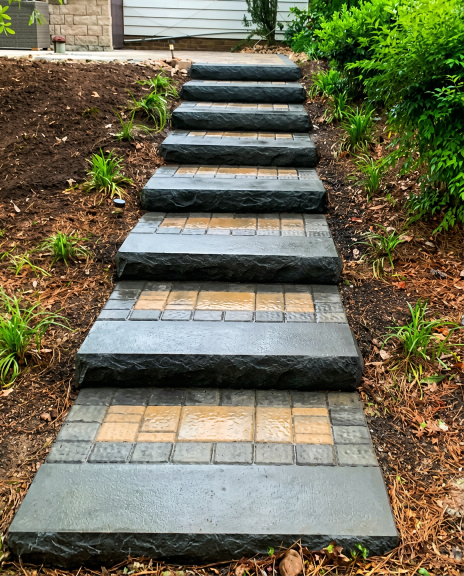 Bluestone and paver front walk and steps through planted beds