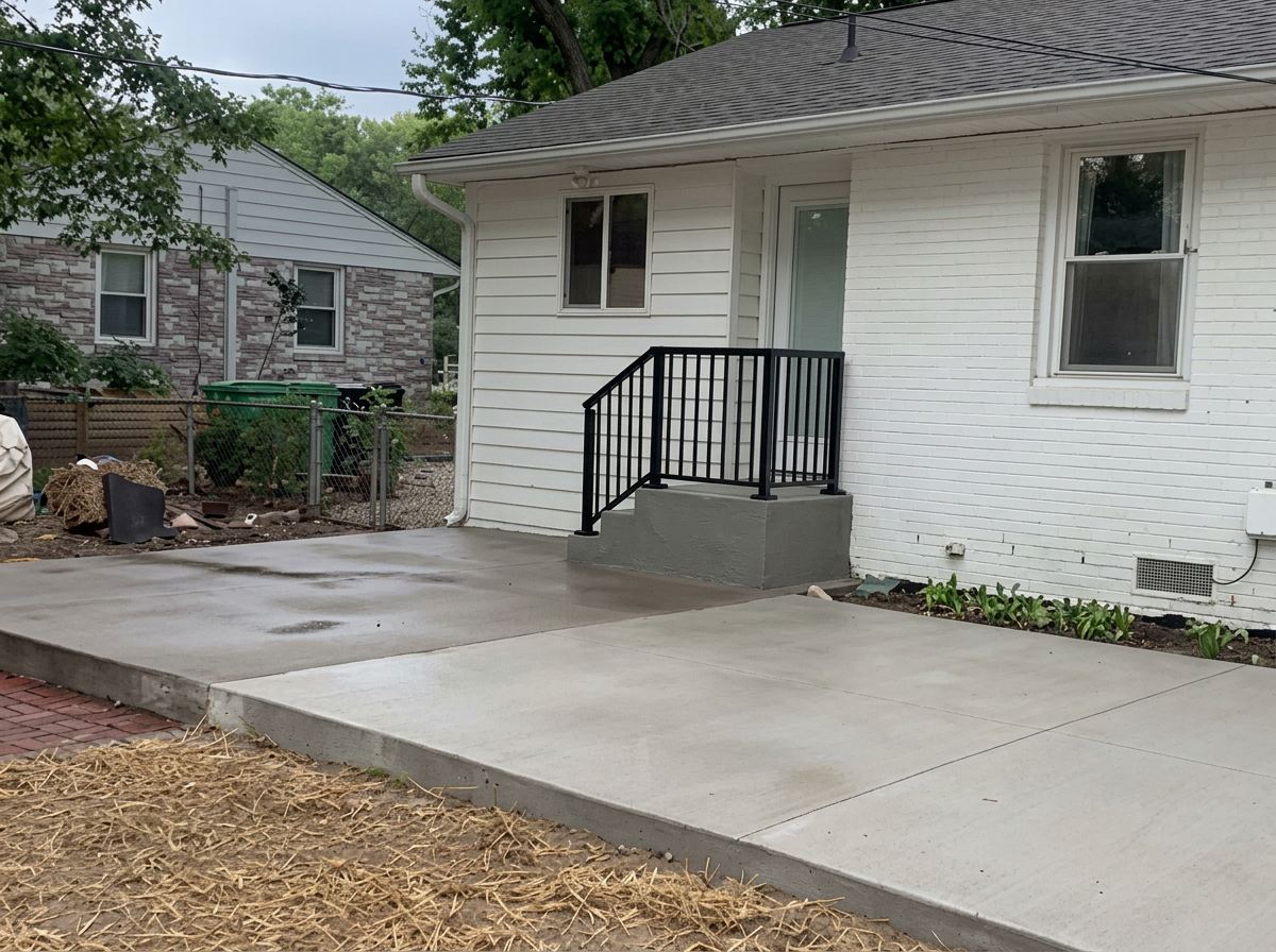 Freshly poured concrete patio and steps beside a white home