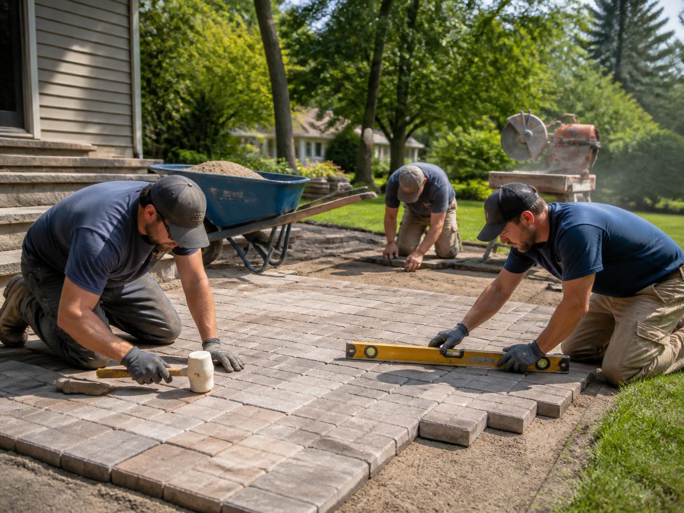 J & P Hardscapes crew installing a paver patio by hand