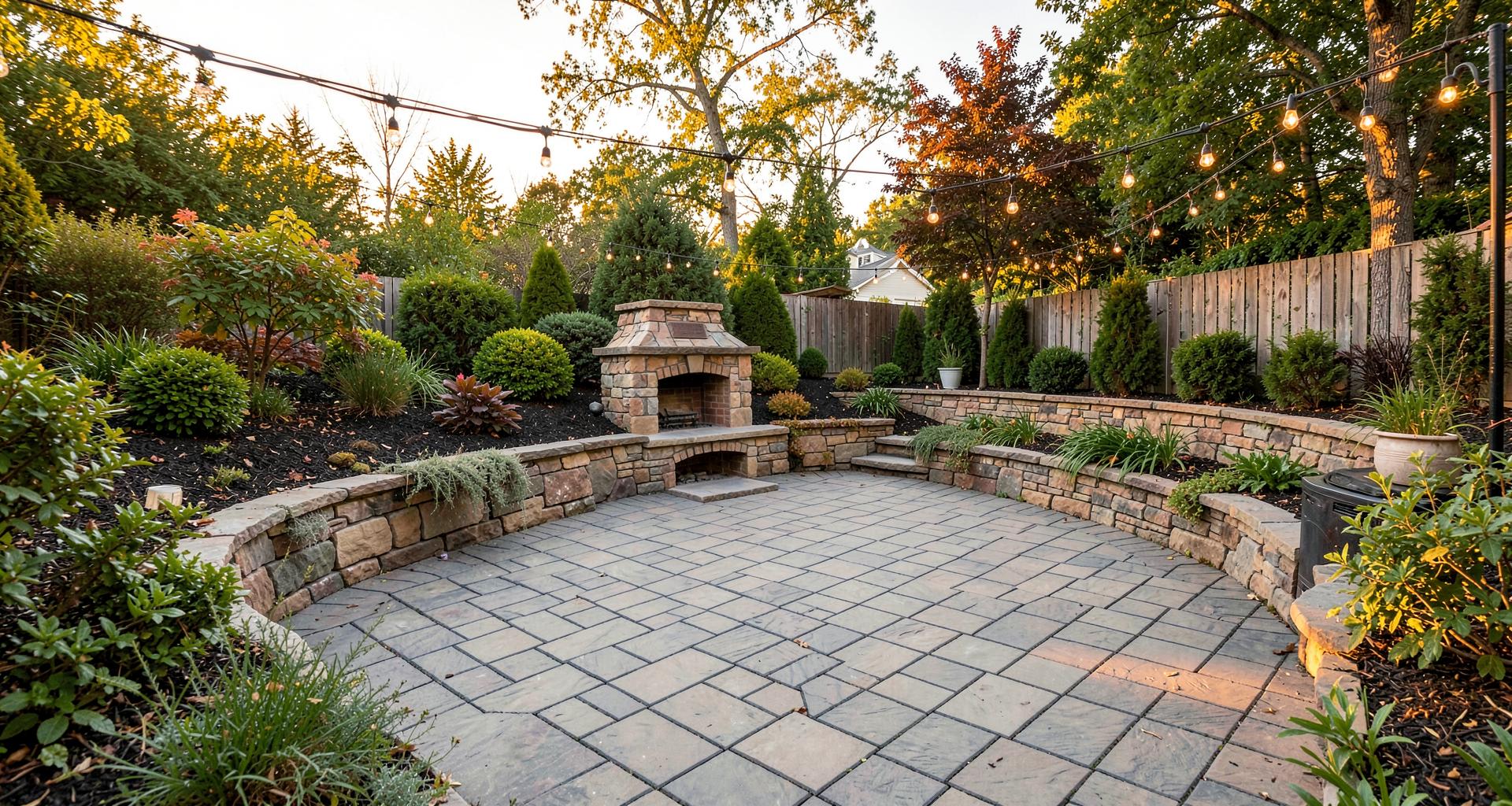Paver patio with stone fireplace and string lights at dusk