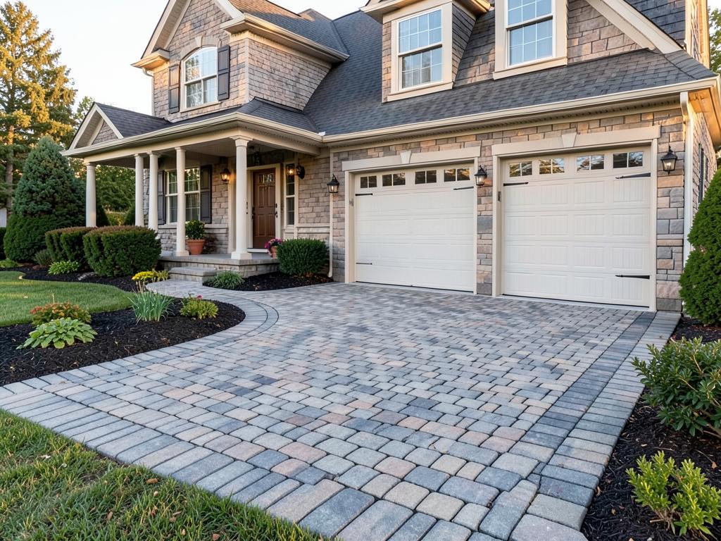 Paver driveway with decorative border at a brick home