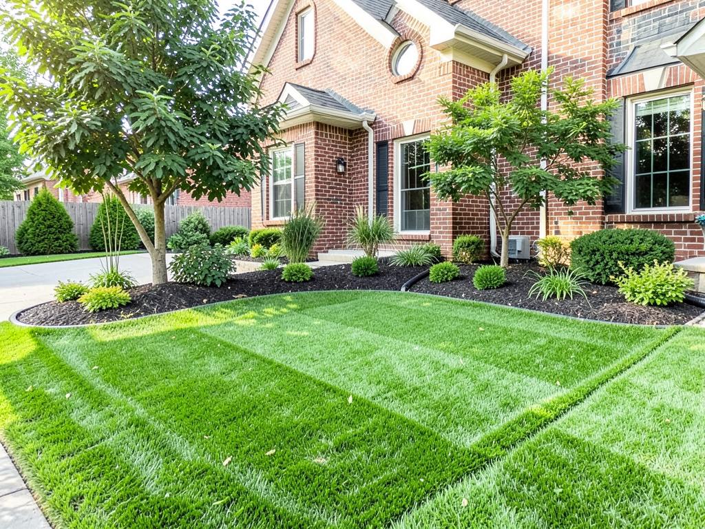 Freshly installed striped sod lawn with new planting beds