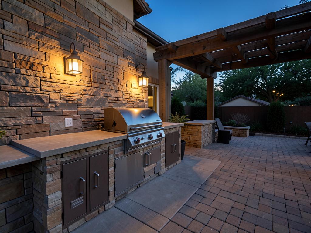 Outdoor kitchen with stone veneer, grill, and counter seating at dusk