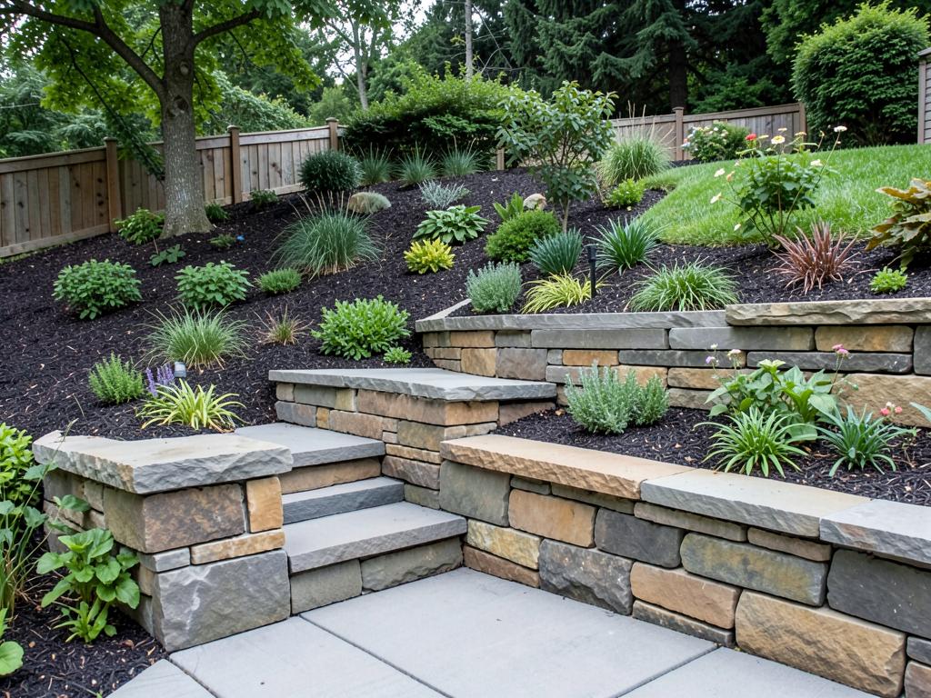 Tiered natural stone retaining wall with integrated steps