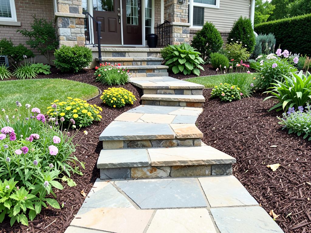Curved natural stone walkway and steps through planted beds