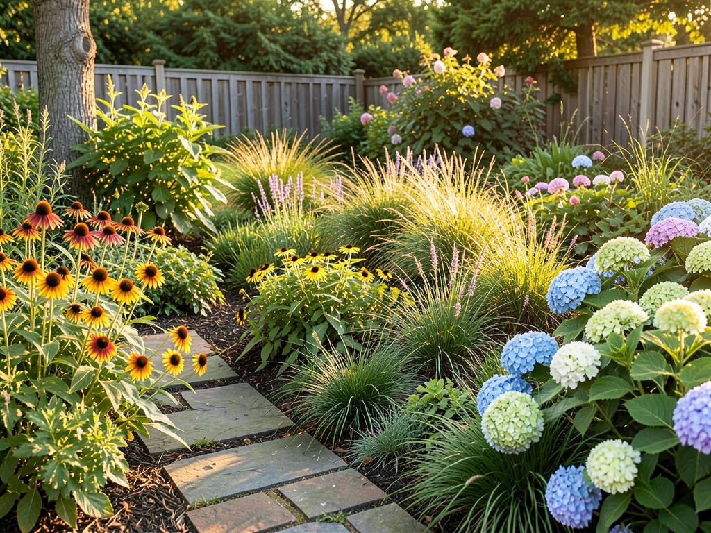 Planting beds with native Virginia perennials and ornamental grasses